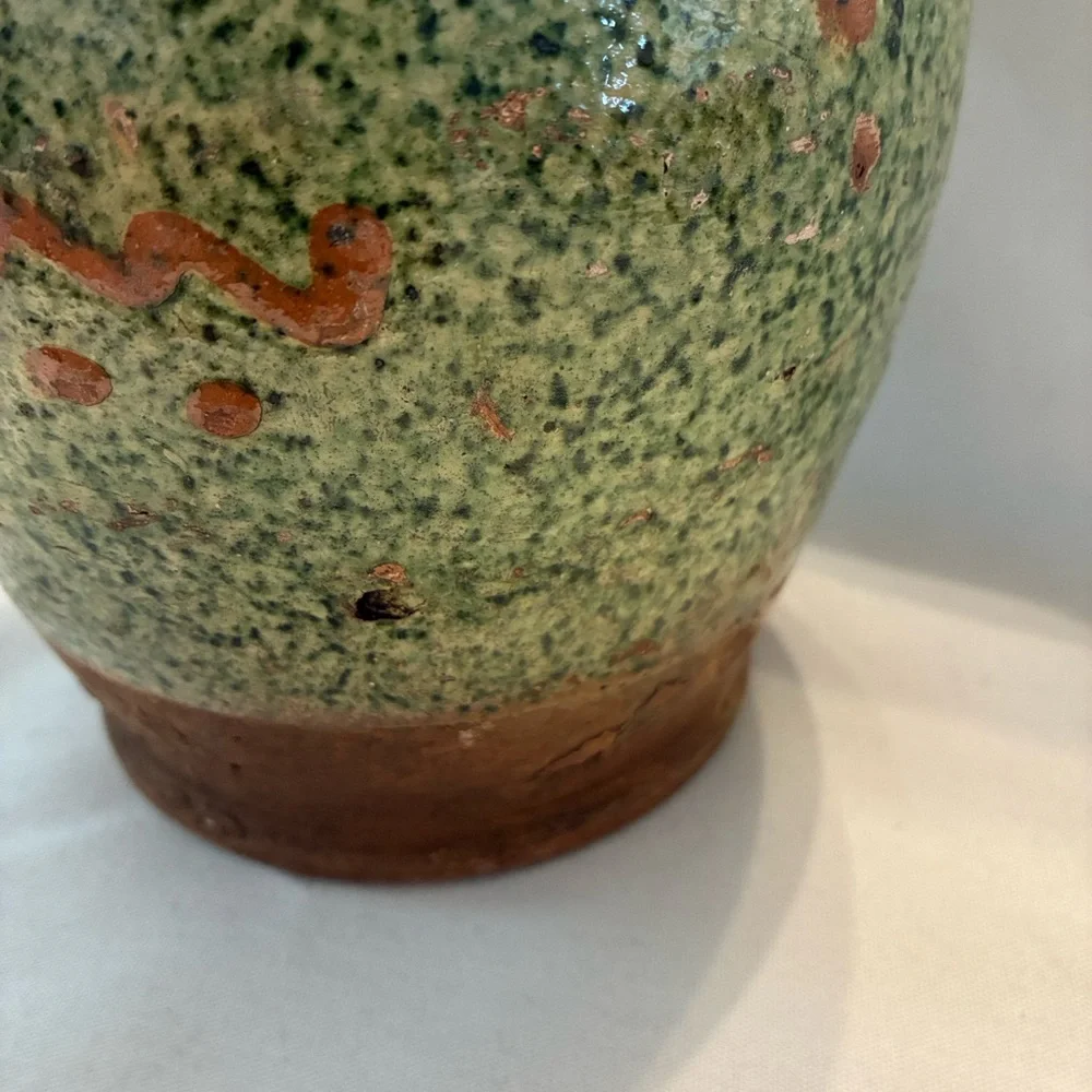 Italian ceramic pitcher rustic or folk art style, speckled green glaze Red Clay